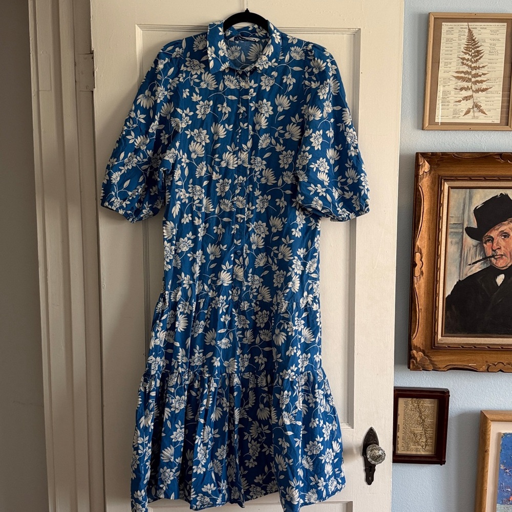 Zara Blue Floral Drop Waist Midi Shirt Dress Summer Dress - Size Medium - Picture 7 of 9